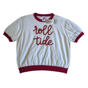 QUEEN OF SPARKLES White and Red "roll tide" Short Sleeve Crew Sweater